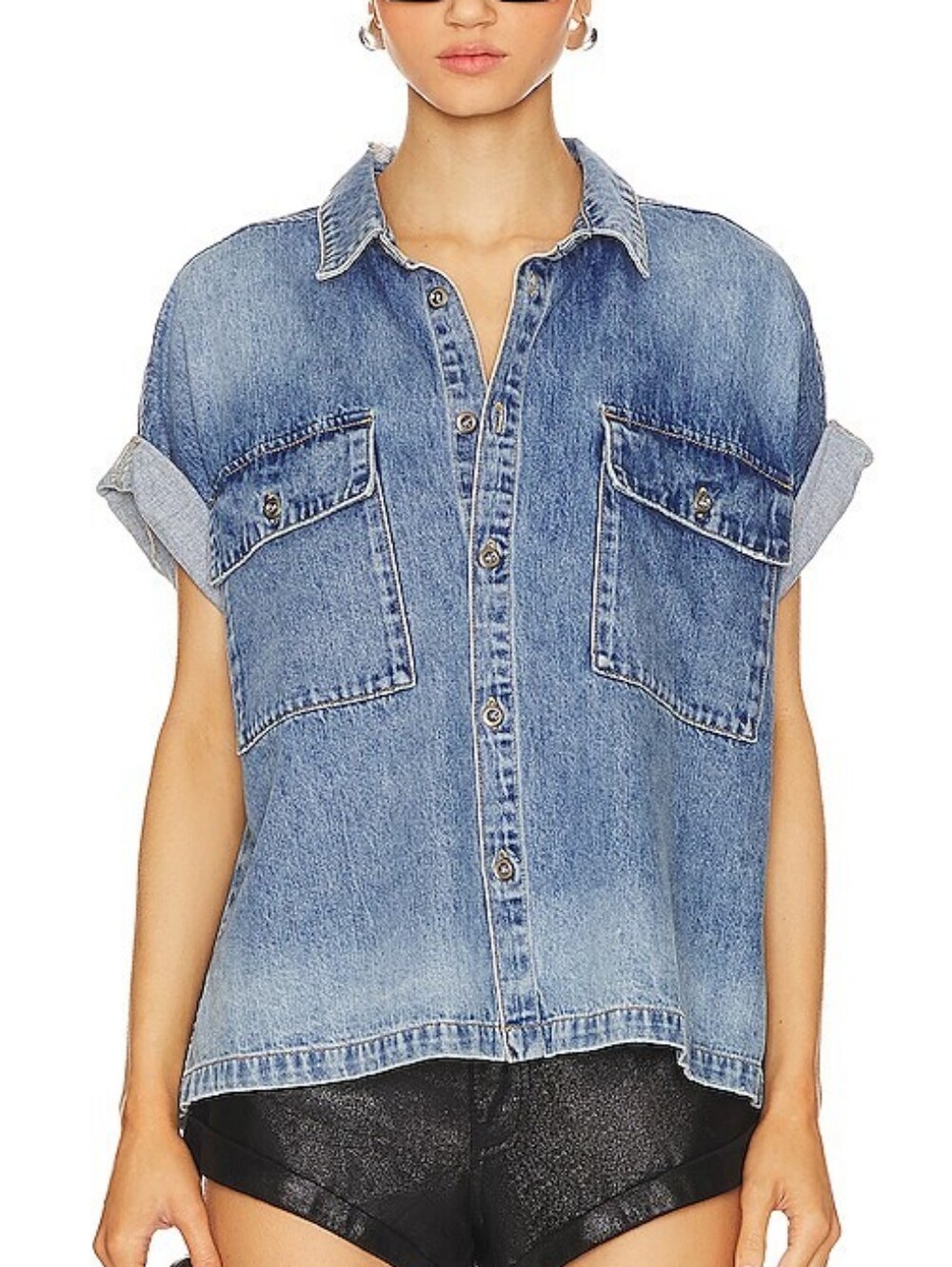 ONE TEASPOON Blue Rapture Cut Off Denim Shirt Oversized Short-Sleeve Fit Size-S